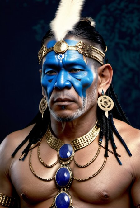 <lora:ChainHalterXL:0.8> chainhalter,  portrait of   a  shaman,  gold and sapphire accents elaborate costume, flowing robes