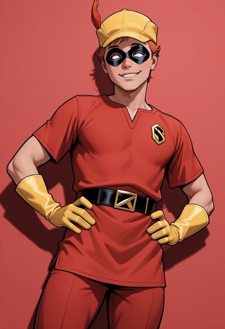 masterpiece, absurdres, high quality, perfect anatomy, 1boy, solo, cute boy, male focus, Speedy, Orange Hair, Domino Mask, White Eyes, Yellow Cap, Red Tunic, Tunic, Red Pants, Yellow Gloves, smug smile, parted lips, hands on hips, cinematic, intricately detailed illustration, depth of field, masterpiece, best quality, amazing quality, very aesthetic, absurdres, newest, very awa,  shadow, dynamic angle, casual cosplay, dynamic pose, simple background, red theme