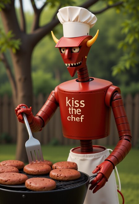 <lora:Beelzebot_Robot_Devil_-_Futurama_FLUX-000018:0.9> 
Realistic photo of a red robot named beelzebot grilling hamburgers in the park. He is wearing a chefs hat, and apron, and holding a spatula. The apron has the text "kiss the chef" written on it.