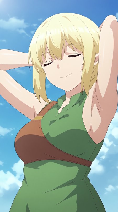 score_9, score_8_up, score_7_up,anime_source, source_anime, best background, detailed background, anime screencap, 4k, upscale,  Llusse, Main Outfit, solo, smile, closed mouth, upper body, closed eyes, sky, day, cloud, blue sky, arm behind head  <lora:JN_Llusse_Pony:0.8>