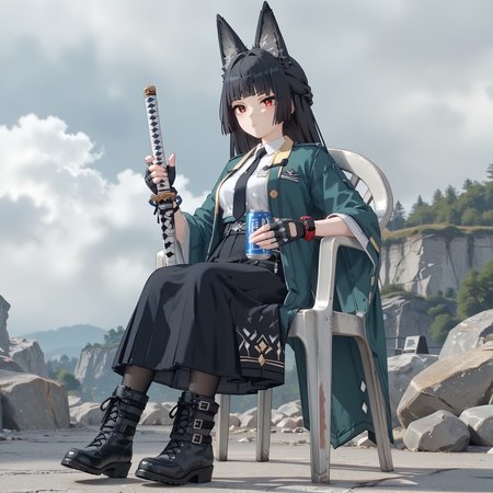 score_7_up, score_6_up, score_5_up, source_anime,
<lora:miyabi.pony:1>, zzzmiyabi, black hair, red eyes,
white shirt, black tie, green cloak, black skirt, long skirt,
black pantyhose, heel boots, black footwear, fingerless gloves,
<lora:PlasticChair_XLPonyD:0.8>, plastic chair, sitting, white chair,
leaning, holding katana, holding can,
outdoors, sky, cloudy, overcast, rock,