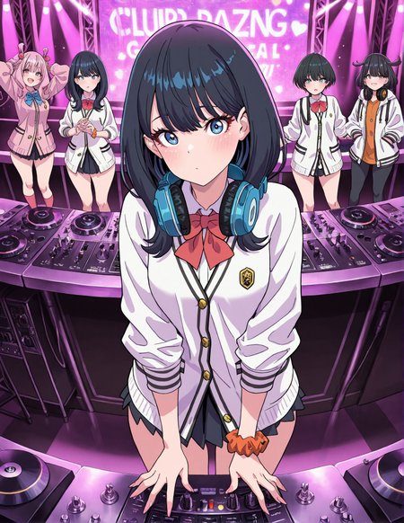 masterpiece,best quality,amazing quality,very aesthetic,absurdres,newest, huge filesize,
<lora:spo_sdxl_10ep_4k-data_lora_webui:0.5>,
<lora:add-detail-xl:1>
<lora:nightclub_dj_IL_v1:1>,club_dj,headphones around neck,cowboy shot,  
Yamashita_shunya_STYLE, multiple girls,   skirt, black hair, blue eyes, school uniform,  socks, short hair, jacket,long hair, 
takarada rikka, 
red bow, 
<lora:Yamashita_shunya_STYLE:0.8>  
Yamashita_shunya_STYLE,