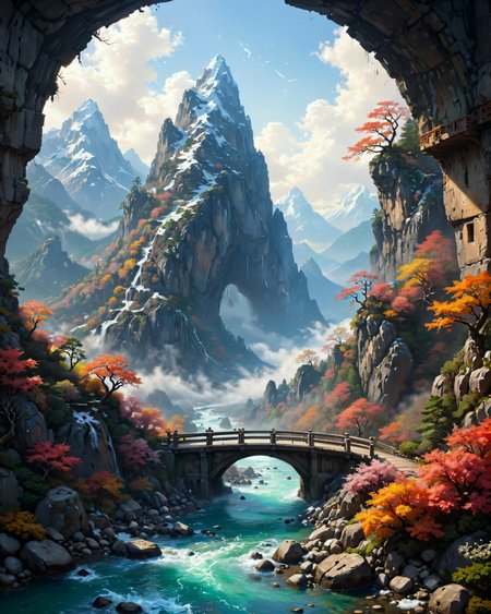 (fantasy landscape:1.2),(surreal landscape:1),
a rugged cursed mountain range, with jagged peaks, treacherous paths, a sense of danger,  
Heatwave Weather,  
a winter cloudscape, with clouds heavy with snow, the sky a soft gray, promising a gentle snowfall,  
Forest floor dappled sunlight, 
Fall foliage color explosions,
Sandstone arch bridges,  
Coral reefs floating in zero-gravity,
Portals leaking chromatic chaos,
Mist showing past/future visions,
Utagawa Hiroshige: (ukiyo-e woodblock prints), (flat perspectives), (seasonal motifs), (vivid nature palettes),
dynamic range, f/8, shutter speed 1 sec, iso6400, white balance cloudy, exposure compensation    "-1.0 ev", shutter priority shooting mode, symmetry and balance, focus mode continuous, partial metering,
(masterpiece:1.4), (intricate details:1.4), (hyperrealistic:1.3),(painting:0.9),(ultra detailed:1.4), (8k resolution:1.3), (sharp focus), (dramatic perspective:1.1), (chromatic aberration:0.3), (film grain:0.2), 
 <lora:cheeseDaddys_35:0.3>,
<lora:JuggerCineXL2:0.3>,
 <lora:add-detail-xl:1.15>,
 <lora:WildcardX-XL-Detail-Enhancer:0.4>,
 <lora:sdxl_lightning_8step_lora:0.3>,
<lora:EnvyDramaticLightingXL02_photo:0.4>,
 <lora:xl_more_art-full_v1:0.7>,
 <lora:ClassipeintXL2.1:0.3>,
 <lora:Flux-XL_Scenery:0.5> flux-scenery,
