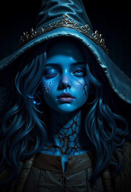 ultra realistic photo of Ranni the witch, B1UE, monochrome, high contrast, dramatic shadows, 1940s style, mysterious, cinematic, digital artwork, illustrative, painterly, matte painting, highly detailed, expressive, dramatic, organic lines and forms, dreamlike and mysterious, Surrealism