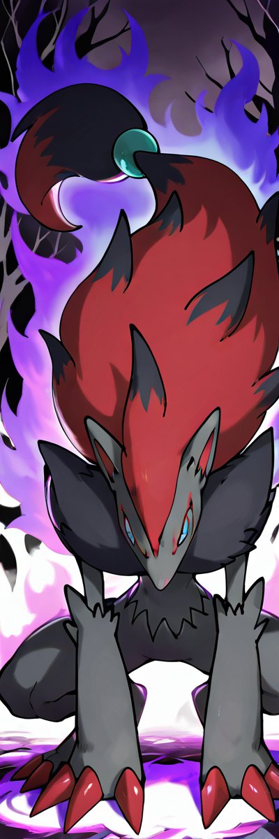 masterpiece, best quality, no humans,    zzZoroark,  <lora:ZoroarkPokedex_IXL_v1:1.0>,    zzZoroark, forest clearing, shattered moonlight, crouching pose, tension in the air, fog weaving through the trees â In the heart of a silent clearing, zzZoroark crouches low to the ground, claws spread, eyes locked on something hidden beyond the fog. Moonlight spills through broken branches above, fragmented by the canopy, casting sharp shadows that stretch like claws across the mossy floor. looking at viewer, glowing eyes, face focus,