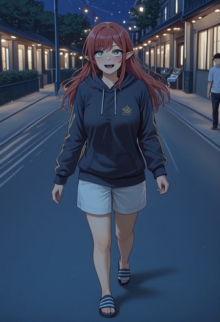 score_9, score_8_up, score_7_up, perfect eyes, partially illuminated, animification, Anime_source,  depth of field, (Masterpiece), Sono Bisque Doll wa Koi wo Suru - Marin Kitagawa, extremely detailed, legs, large breast, green eyes, perfect eyes, high resolution, sharp detail, dark red hairs, redhair, dark red hair, 1girl, fangs, sexy, long hair, pointy ears, good hands, anatomically correct, best quality, masterpiece, highly detailed face, highly detailed eyes, natural breasts, mature woman, correct anatomy, feet, perfect feet, perfect toes, jersey trousers, adilette sandals, blue adilette sandals, black hoodie, worried, looking at another, solo focus, ultra detailed eyes, full body, running in a Tokyo street, Tokyo night, night, ultra hd, highest score, 
BREAK, 
very colorful, (intense angle: 1.3), cowboy shot, dutch angle, <lora:minami-nanami-s1-ponyxl-lora-nochekaiser:0.6>