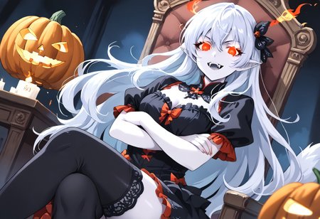 (masterpiece), (score_9, score_8_up, score_7_up,source_anime), 4K8K, 
(from front), misty, steam, fog, Floating Halloween pumpkins, 
halloween, halloween fantasy, 
Japanese cute woman, Sitting on a throne, (solo), (Glossy skin, pale skin:1.3),  makeup vampire, (crossed arms, pigeon-toed), burning pumpkin, (dark aura:1.4), (smirk, half-opened mouth, Canine, tooth, fang1.2), 
(medium figure:0.9), (pointy breasts:1.1), 
(white hair, verry long hair), (red glowing eyes, slanted eyes:1.2), 
(wearing vampire cos, dress, makeup, red and black dress, zettai ryouiki, thighhighs:1.2), 
(emperor's audience room, dark room:1.3), elf ears,