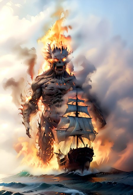 masterpiece,high resolution,detailed,
<lora:water_xl:0.8>
watermode,  1 fire elemental with flames in the eyes sinking a ship, tattered sails, rough sea, big waves, ocean, steam, fog