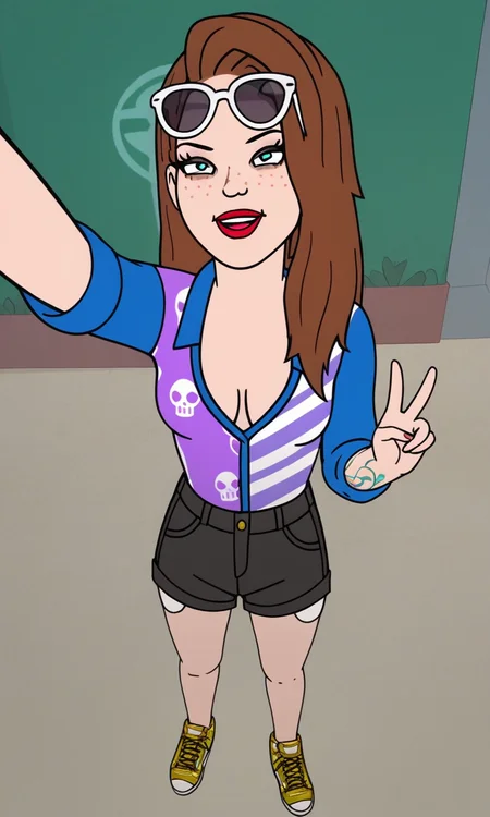 , score_9, score_8_up, score_7_up, score_6_up, score_5_up, score_4_up, show accurate style, source_cartoon , flat colors, sarahlynn, 1girl, brown hair, solo, long hair, freckles, collared shirt, graphic shirt, , arm tattoo, cleavage, aqua-green eyes, black shorts,  full body,  outdoors, yellow footwear, from below, sunglasses on head, sigh, peace symbol, from above, ,AddXL,Perfect Hands, taking a selfie, ((unique selfie view))