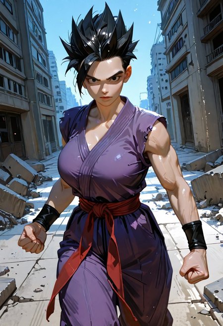 1girl, genderswap \(mtf\), genderswap, solo,  DBSSHGohan, spiked hair, black hair, black eyes, big breasts, purple dougi, red sash, black wristbands, purple pants, olive-brown shoes, solo, fighting stance, arms at sides, clenched hands, clenched fists, dynamic pose, upper body, looking at viewer,cowboy shot, blue sky, damaged concrete ground, scene reference
masterpiece, best quality, amazing quality,
DBSSHGohan, gohan,
<lora:Detailer_NoobAI_Incrs_v1:0.75>, masterwork, masterpiece, best quality, dynamic lighting , dynamic pose,,  dynamic angle, , ,  (lineless:1.2), detailed, depth of field, dynamic lighting, blurry, (cheekbones:0.85), (realistic:1.2)
adult, aged up,, ultra-HD, cinematic lighting, photorealistic, (impressionism:1.5), high detail  ,masterpiece, best quality, very aesthetic, 8k,