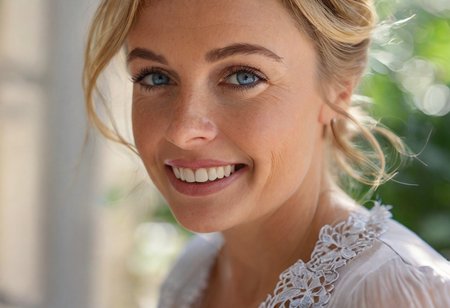 "A hyper-detailed, high-resolution (8K) close-up portrait of a 40-year-old woman with sleek blonde hair tied back in a soft bun, wearing a light, airy white blouse. Her striking blue eyes gleam with happiness, framed by delicate laugh lines that enhance her natural charm. The background is intentionally blurred, suggesting a lush garden terrace brunch—sun-dappled foliage, a wrought-iron table, and scattered morning light filtering through leaves. Shot with a Hasselblad H6D-100c medium-format camera, using a tight crop and a shallow depth of field (f/2.8) to emphasize the interplay of light on her skin and the fine strands of her hair. The lighting is natural yet sculpted, inspired by Annie Leibovitz’s ability to blend realism with ethereal beauty."