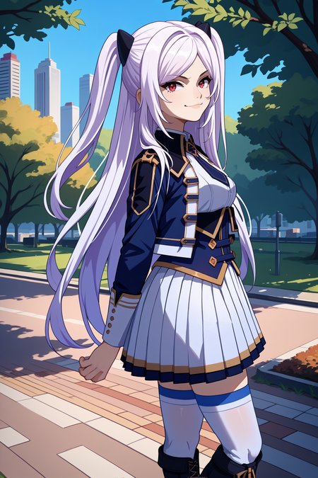 score_9, score_8_up, score_7_up, score_6_up, source_anime, 1girl, solo, <lora:alexiamidgar-pdxl-nvwls-v1-000005:1> al3xia, white hair, red eyes, two side up, long hair, black jacket, black necktie, white shirt, corset, white skirt, pleated skirt, white thighhighs, black boots, cross-laced boots, happy, looking at you, smug, from side, looking at you, city, park, trees, arms at sides
