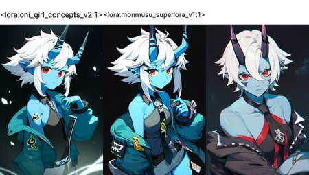 soukaku \(zenless zone zero\), blue oni, black horns, horn markings, skin-covered horns, colored skin, 1girl, solo, white hair, off shoulder, open jacket, red eyes, pointy ears, short hair, looking at viewer, black necktie, blue skin, oni girl, oni,
black background, atmospheric,
cowboy shot,
score_9, score_8_up, score_7_up, score_6_up, source_anime, masterpiece, best quality, very aesthetic
<lora:oni_girl_concepts_v2:1>