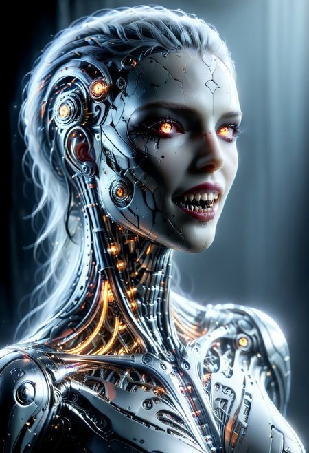 photorealistic, Ultra-HD-details, masterpiece. Vampire woman, ((platinum color mechanical cyborg body, full robot body)), (glowing lights), (dynamic pose), (best quality real texture skin), full body, highly detailed skin, skin pores, (highly detailed face:1.0), (highly detailed eyes:1.0), dark gray eyes, smiles, open mouth, perfect fangs, long vampire fangs, (perfect anatomy:1.0), (perfect proportions:1.0), (photography:1.0), (photorealistic:1.0), dynamic lighting, real shadows, (highres:1.0), sharp focus, daylight, (realistic, hyperrealistic:1.0), intricate, high detail, dramatic, big depth of field, vivid, sharpened, ((full Sharp))