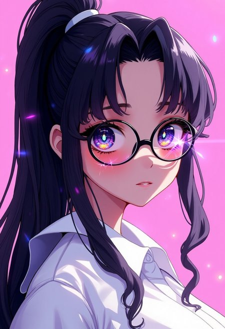 de01, 3D art style, upper body image of a curvy woman with white shirt, detail eyes, wearing glasses, magic eyes 