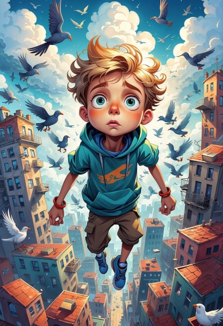 ASCIIIllustration of a Upper Breakdancing young boy, stuck in the clouds, surrounded by surprised birds, a sleeping city below, masterpice by (loish and Lois van Baarle:1.36), best quality, 4k textures, ultra detailed