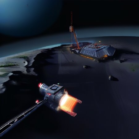 In the mining operation within Odysset's rings, massive platforms and interconnected structures sprawl across the cosmic expanse. Bright floodlights cut through the darkness, revealing workers clad in rugged space suits maneuvering among towering cranes and robotic arms. Transport vessels dart back and forth against the backdrop of the star-studded void, ferrying payloads of ore to processing facilities stationed on nearby asteroids. The scene is a symphony of activity amidst the celestial silence, with the distant glow of the planet Odysset providing a serene backdrop to the bustling industrial operation., BREAK, (sci-fi, futuristic, space, asteroid:1.4), BREAK, <lora:detailed_notrigger:1>,   <lora:Expanse_Science_Fiction_Comic_Style_SDXL:1> expnscom
