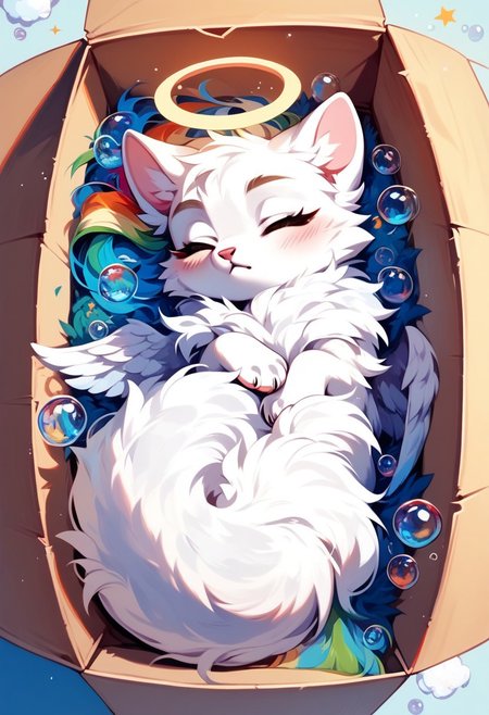 score_9, score_8_up, score_8, 1 fluffy white cat, 
BREAK,
1 feline, solo, laying in a box, sleeping, angel wings, rainbow halo, bubbles, zPDXL