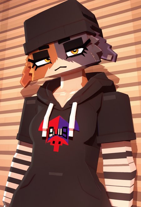 <lora:coresvoid-guy-PONY-DORAv1:1>, 3d, score_9, score_7_up, 1girl, solo, hoodie, portrait, looking at viewer, head tilt, furry, meow skulls \(fortnite\), upper body