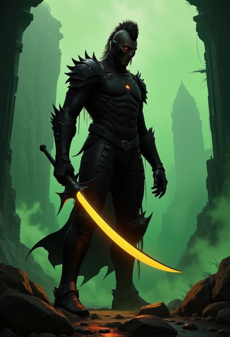 civitametapunk, hyper realistic and highly detailed, highly dynamic cinematic medium dutch shot view, an atmospheric and powerful dark fantasy, natural organic and impressionist classical-style painting of a horrifying towering chaos knight all dressed in black,he has a spiky desing or mohawk on the top of his head and the sides of his haistyle is short and neat, obsidian black armor, glowing red eyes, holding a glowing ghostly scythe, from below angle, menacing, atmospheric haze, motion blur, depth of field, cinematic, panoramic action movie full shot, panoramic full shot, Leather Brown hue and vibrant Midnight Green tint , cyberpunk, anime
