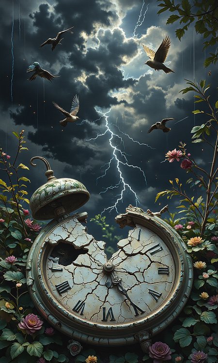 artwork featuring a broken, antique clock face set against a dark, stormy sky. The clock, which appears to be made of white, cracked porcelain, is centrally positioned at the bottom of the image. The clock hands are broken off, with the hour hand pointing to approximately 11:30 and the minute hand pointing to 10. The clock face is cracked and weathered, with remnants of green and purple hues suggesting age and decay.
Above the clock, several birds are flying in a scattered formation, adding a sense of movement and depth to the scene. The background is a dark, stormy sky, with streaks of rain and thunderbolts creating a dramatic effect. The sky is predominantly black, with splashes of white and gray, giving it a turbulent and ominous feel.
The overall color palette is dominated by shades of black, white, and gray, with subtle hints of green and purple. The textures are rough and uneven, enhancing the sense of age and weathering on the clock face and the stormy sky. The composition is dynamic, with the clock face and birds creating a focal point against the chaotic background. The style is reminiscent of digital art with a touch of realism, blending elements of both traditional and modern art forms., <lora:diffusion_pytorch_model:1>, <lora:merged_lora:1>, <lora:aidmaMJ6.1_v0.5_3:0.7>, aidmaMJ6.1, <lora:best_of_flux_v30_rank64_bf16:0.8>, best_of, ultra quality, ultra detailed, intricate details