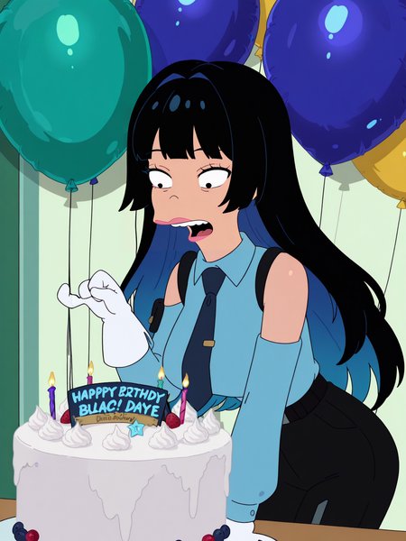 <lora:FuturamaIL2:0.35>, <lora:FuturamaIL:0.25>,
1girl asymmetrical_sleeves balloon birthday_cake black_hair black_pants blue_necktie blue_shirt blue_sleeves breasts cake colored_inner_hair detached_sleeves food gloves hair_intakes large_breasts leaning_forward long_hair mismatched_sleeves multicolored_hair necktie official_alternate_costume open_mouth pants shirt virtual_youtuber white_gloves white_sleeves
,  <lora:FuturamaHRIL:1>, best quality, absurdres