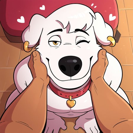 Score_8_up, 1boy, solo, furry male, Cousin Jasper, Bangs, Earrings, Dog, White fur, looking at viewer, happy, snout, eyelashes, floppy dog ears, yellow eyes, black nose, furry, dog boy, yaoi, human male, pov, human, petting, from above, larger human, hearts, romantic, smile, closed mouth, winking, collar, sitting,