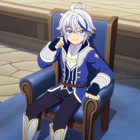score_9, solo, cain_vs, 1boy, streaked hair, ahoge, blue eyes, fingerless gloves, jacket, shirt, pants, boots, sitting, chair, looking at viewer, smile