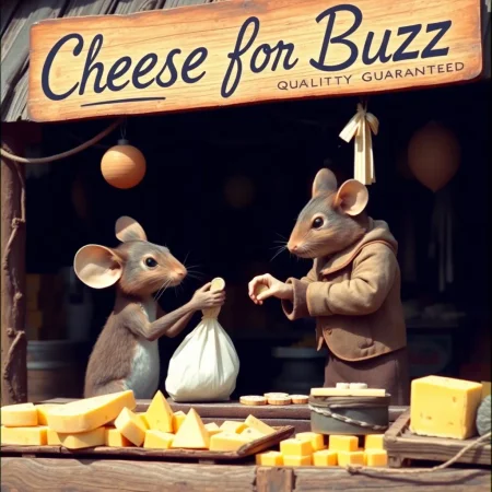 A Mouse selling Cheese at a rural market in 1950s, technicolor, photograph, realistic, mouse sitting at a stall and selling cheese, collecting money from customer, receiving coin from customer, handing over a bag filled with cheese to customer, the shop's name is written stylishly on a board - "Cheese for Buzz, Quality Guaranteed", morning, dawn, golden hour