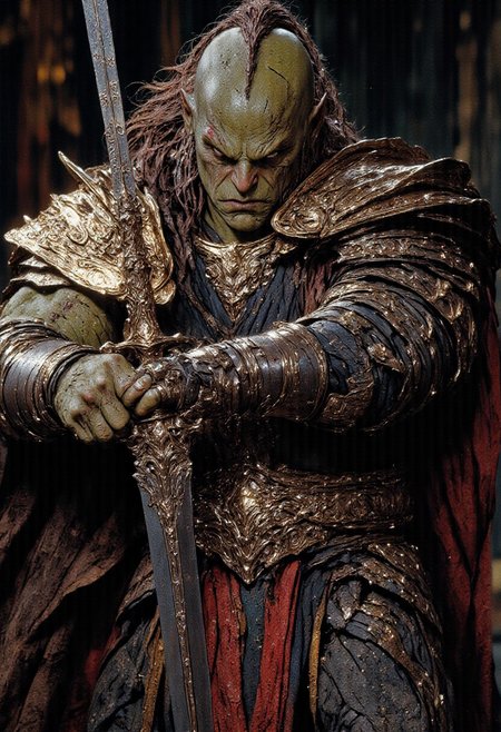 mythp0rt, UHD 32k epic fantasy movie still, closeup portrait, photograph, Beautiful green-skinned muscular female orc wearing armor and holding a sword by the hilt, epic fantasy battle background, cinematic realism, high action pose, perfect pupils, insanely detailed faces, correct digits, realistic skin, intricately detailed, dimly lit,  perfect eyes, perfect pupils, expressive eyes, texture, ck-0rcs