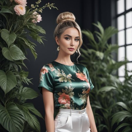 (full body shot) cute two swedish professional women wearing a Vintage botanical illustrations satin_teeshirt, Top knot  hair style, hyperdetailed photography,4k textures,intricate details,4k resolution  party scene, ((dark cinematic still))   <lora:satin_teeshirt_v1:0.7>