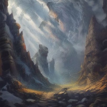 ((Masterpiece)), realistic digital painting of the hall of the mountain, official art,  perfect composition, cinematic lighting, crepuscular rays,