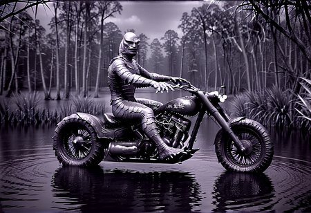 film noir style (Gill_man:1.15) riding a walz,(charming light:1.15),in a swamp,Retro Look,, . monochrome, high contrast, dramatic shadows, 1940s style, mysterious, cinematic