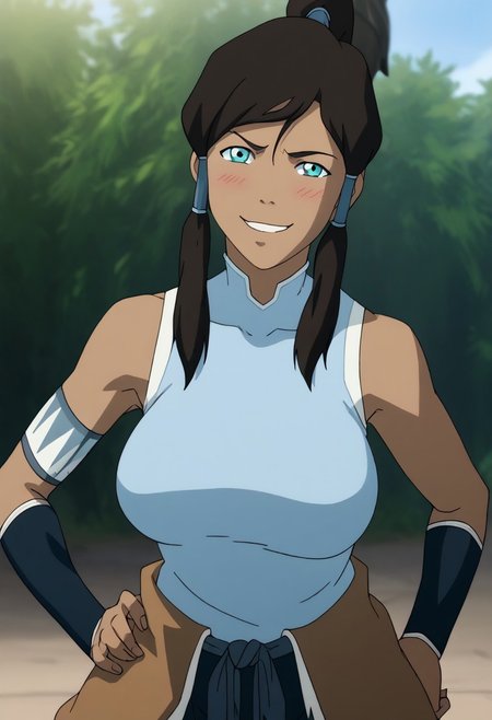 16k, masterpiece, absurdes, highly detailed, highres, high quality, best quality, score_9, score_8_up, score_7_up, score_6_up, score_5_up, score_4_up, source_anime, anime screencap, masterpiece, perfect face, naughty smile, looking at viewer, sunny day, blue sky, sexy girl, 1girl, (solo), mature female,  <lora:modern_anime_screencap_v1_0:0.45> anime screencap, (highres, best quality), zPDXL, <lora:Pony_DetailV2.0:0.5> <lora:t10m1n-000031:1>, t10m1n,  dark-skinned female, aqua eyes, sidelocks, hair tubes, high ponytail, notched_collar, female focus, looking at viewer, parted lips, smirk, standing, hand on hip, curvy, breasts, classic_attire, sleeveless, armlet, bracers, brown waist_pelt, shiny, shiny skin, shiny hair, volumetric lighting, UHD, (thick breasts, medium breasts), skin texture, skin detail, high quality skin, highly detailed face, dainty face,(large breasts:1.5), (happy smile expression) (smug expression) wide hips, blush, standing, standing straight, one hand on hip, day, in a fantasy forest near a lake, sexy pose, dynamic pose, outdoors, mountain,