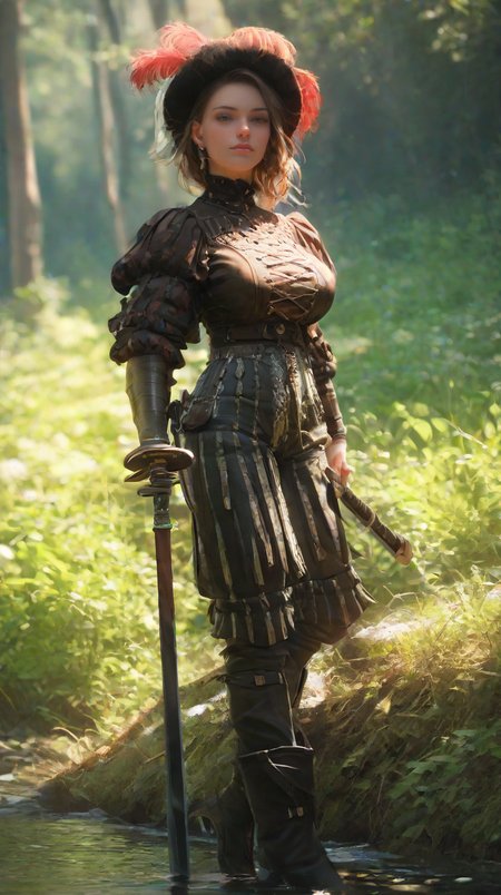 score_9, score_8_up, score_7_up, score_6_up, realistic, 1girl,, slender, slim waist, huge breasts, (round ass:0.4), perfect face, dynamic angle, motley, pants, boots, hat, jewelry, plume, weapon, sword, cuirass, greaves,  l4ndskn3cht,  outdoors, deep arroyo <lora:landsknecht-PNY-000009:1.0>
 <lora:Dramatic Lighting Slider:1>