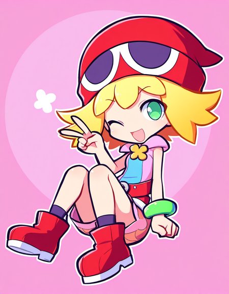 <lora:PAmitie_SDXL_Illustrious01_fp16_ver01:1>,PAmitie, 1girl, solo,blonde hair, short hair,green eyes,hat, shorts,bracelet,pink sleeveless hoodie, blue shirts,red belt,black socks,boots,smile,v,one eye closed, open mouth, puyopuyo fever, chibi, masterpiece, best quality, very aesthetic, absurdres,<lora:detailed_hands:1>,hand