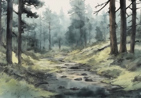*Channel_42*
*The background for a new anime horror sci-fi visual novel*
*Watercolor* *Charcoal* *Stencil* *1920s* *Colorized* 
*Woods* *Trail* *clearing* *lake*
*Evening* *Spring* *Clear*