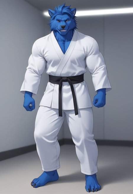 (((Barefoot furry character, full body, cinematic setting, furry male, plantigrade))) 
(((Beast from X-Man))), muscular, beefy, brawny, (((wears white kimono and lonh white pants))), (((performs karate kick))), blue fur on entire body
BREAK, detailed background, 8K, (masterpiece:1.5), intricate details, highly detailed, extreme detail, octane render, fine art, best quality, highres, (detailed face:1.5), ((full_body)), UHD, (((perfect hands))), low light