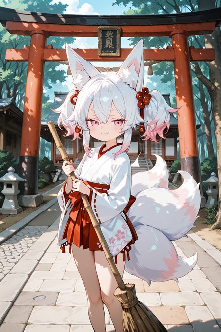 anime style.

((Side Shot)).

Inari cleaning path with broom.

1girl, monster girl, Inari, animal-ears, fox tail, multiple tails, white hair, twintails, detailed hair, pink eyes, detailed eyes:1.3, detailed face:1.2, smug, brat, white mini miko kimono, white mini skirt. tighthighs(white). cleaning path with broom.

BREAK

sky blue tone filter. japanese shrine(cool temperature, morning, tree, stone path, Torii)

embedding:lazympos, score_9, score_8_up, score_7_up, masterpiece, best quality, amazing quality, very aesthetic, high resolution, ultra-detailed:1.4, absurdres, newest,high dynamic range, vibrant, clear shadows and highlights, enhanced contrast,