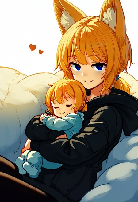 ASCII, 1girl, Vesna, blond, short hair, ponytail hair hair, bangs, blue eyes, sitting, happy, smile, soft smile, fox ears, fox tail, baggy hoodie, black leggings, narrowed eyes, looking at viewer, baby carry, swaddled, baby asleep, sleeping baby, hugging baby, hearts floating above head, head tilt, (masterpiece),  code_9, code_8_up, code_7_up, code_6_up