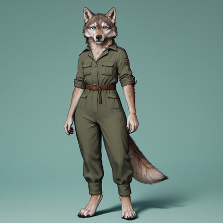 score_9, score_8_up, score_7_up, source_furry, detailed face, detailed eyes, incredible detail BREAK 1girl, solo, anthro, wide shot (furry female, wolf, light brown fur, monotone fur, light blue eyes,slightly wide hips, small breasts), black nose, whiskers, ear flop, solo, looking at viewer, simple background, green background, full body, hunter outfit, archer outfit