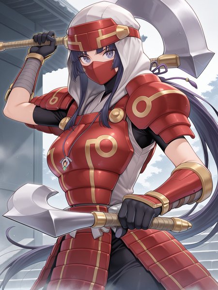 1girl,legendary six samurai - mizuho,solo,low ponytail,covered mouth,dual wielding,holding axe,axe,white hood,looking at viewer,red mouth mask,purple hair ribbon,red shoulder armor,red breastplate,white shirt,red armored gloves,red armored skirt,purple eyes,purple necklace,east asian architecture,upper body, 
masterpiece,best quality,amazing quality,very aesthetic,absurdres,newest,<lora:Legendary Six Samurai - Mizuho illuXL v1:0.75>,