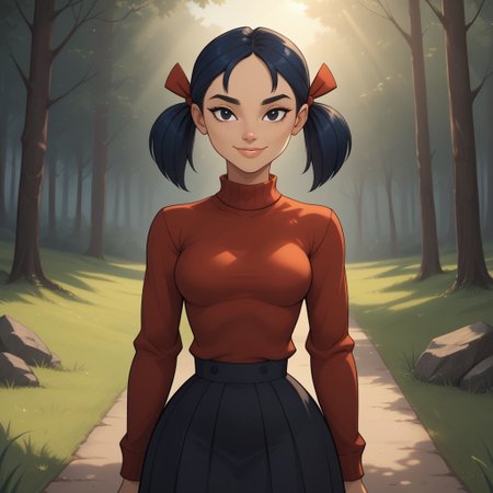 score_9, score_8, BREAK, solo, red sweater, 1girl, white undershirt, black skirt, navy blue hair, black eyes, lips, twintails, breasts, total drama, Kitty_(\Total_Drama\), tdtrr, cute, sexy pose, smile, outdoors, sunlight, shadows, evening lighting, natural lighting, forest, trees, grass, orange sky, sunset
