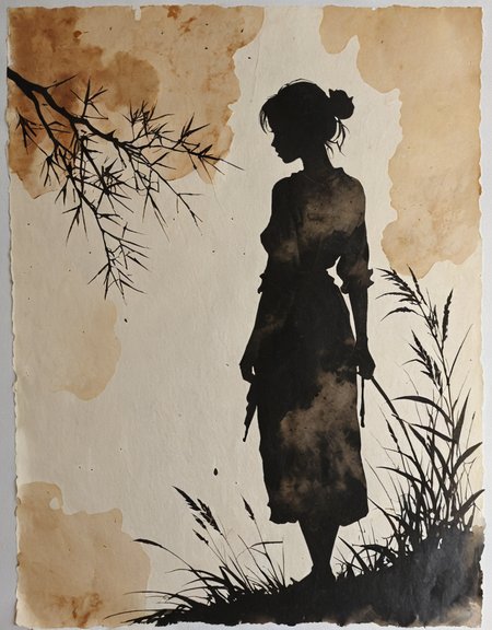 girl silhouette on rice paper, wabi-sabi, ink, watercolor, high contrast