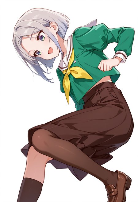 masterpiece,high quality details,absurdres, 
 <lora:Nishidera_Nene:0.8>
nene_cnr, 1girl, grey hair, short hair, 
nene_s2,green shirt, white sailor collar, serafuku,long skirt,black-brown skirt, juliet sleeves,pantyhose, loafers,, simple background, white background, sideways,solo,, :d,, haori  ,cropped hoodie  ,skinny jeans, ,kneehighs,