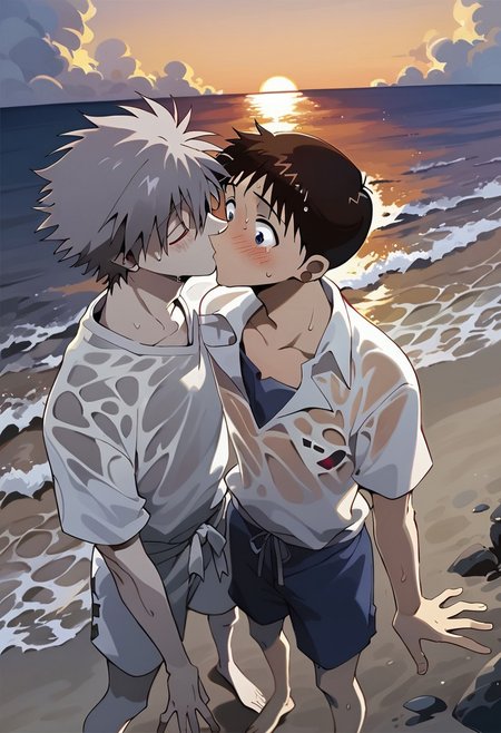 score_9, score_8_up, score_7_up, rating_questionable, BREAK,
2boys, daisyuki, kiss, kissing, standing, evangelion, shinji ikari, short hair, brown hair, blue eyes, kaworu nagisa, white hair, red eyes, wet shirt, wet clothes, nipple, shocked, eyes closed, blush, full body,
beach, sunset, orange glow, dark theme, low light,