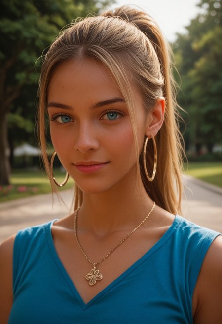 score_9_up, score_8_up, score_7_up, score_6_up, 1girl, 25 years old, perfect face, (adult), sexy,
(three quarter view), detailed face, portrait, face focus, depth of field, looking at viewer, blush, shy smile, close up, 
blonde hair, ponytail, ponytail with braided base, 
(dark skin:1.3), hoop earrings, 
blue eyes, 
pink lips,
blue shirt, necklace, 
park, trees, flower