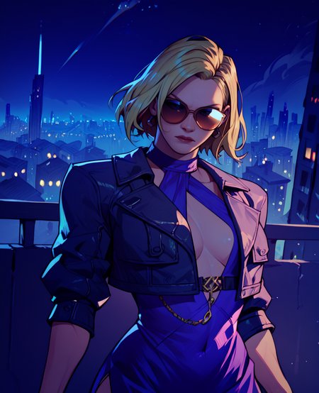 score_9,score_8_up,score_7_up,score_6_up,
ninawxl,blonde hair,sunglasses,medium hair,earrings,
purple dress,cropped jacket,
standing,
night,cityscape,<lora:NinaWT8pXL-11:0.9>,