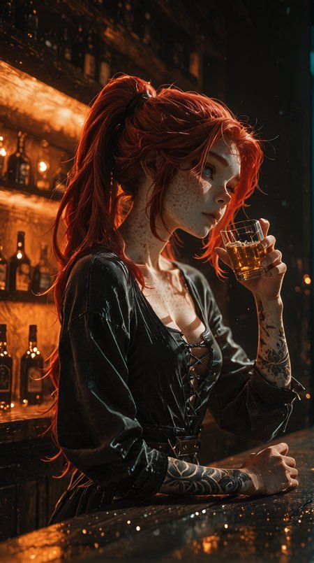 masterpiece, best quality, ultra-HD, photorealistic, cinematic lighting, volumetric lighting, highres, absurdres, warm summer atmosphere, golden moonlight, soft shadows, masterpiece, best quality, Good quality, very aesthetic, absurdres,
1girl, (freckles, red hair, blue eyes, nostra666, maelle, clair obscur expedition 33, redhead, body freckles, pale skin, high ponytail, sidelocks, petite, slim, athletic, medium breasts, long hair, ponytail:1.2), wears open black dress, presumed dress, breasts visible, cleavage visible, tattoo on wrist, leaning at bar counter, sipping a cocktail, blushing, from the side BREAK modern nightclub bar, dark wooden counter, dim amber light, bottles glowing,
hot atmosphere,dramatic,(seductive expression)
(cinematic composition:1.3), (sharp focus:1.2), (depth of field:1.2), (skin sheen:1.1), (rim light:1.2),(detailed face and eyes),
 <lora:DetailedEyes_V3:1> <lora:USNR STYLE_XL_loha:0.45> <lora:aidmaMJ6.1_v0.5_IL:0.9> <lora:GENESIS_MK0.4:0.5>  <lora:Maelle_Clair_Obscur_Expedition_33:1>
