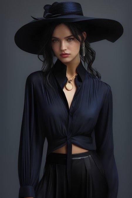 masterpiece,best quality,ultra_detailed,<lora:ArmaniSD:0.7><lora:BellissimaSD1.0:0.7> bellissima , dark background, 1girl wearing a black collared shirt, blue pants, chain necklace, Armani style, realistic, fashion, cowboy shot, ,by Ellen von Unwerth